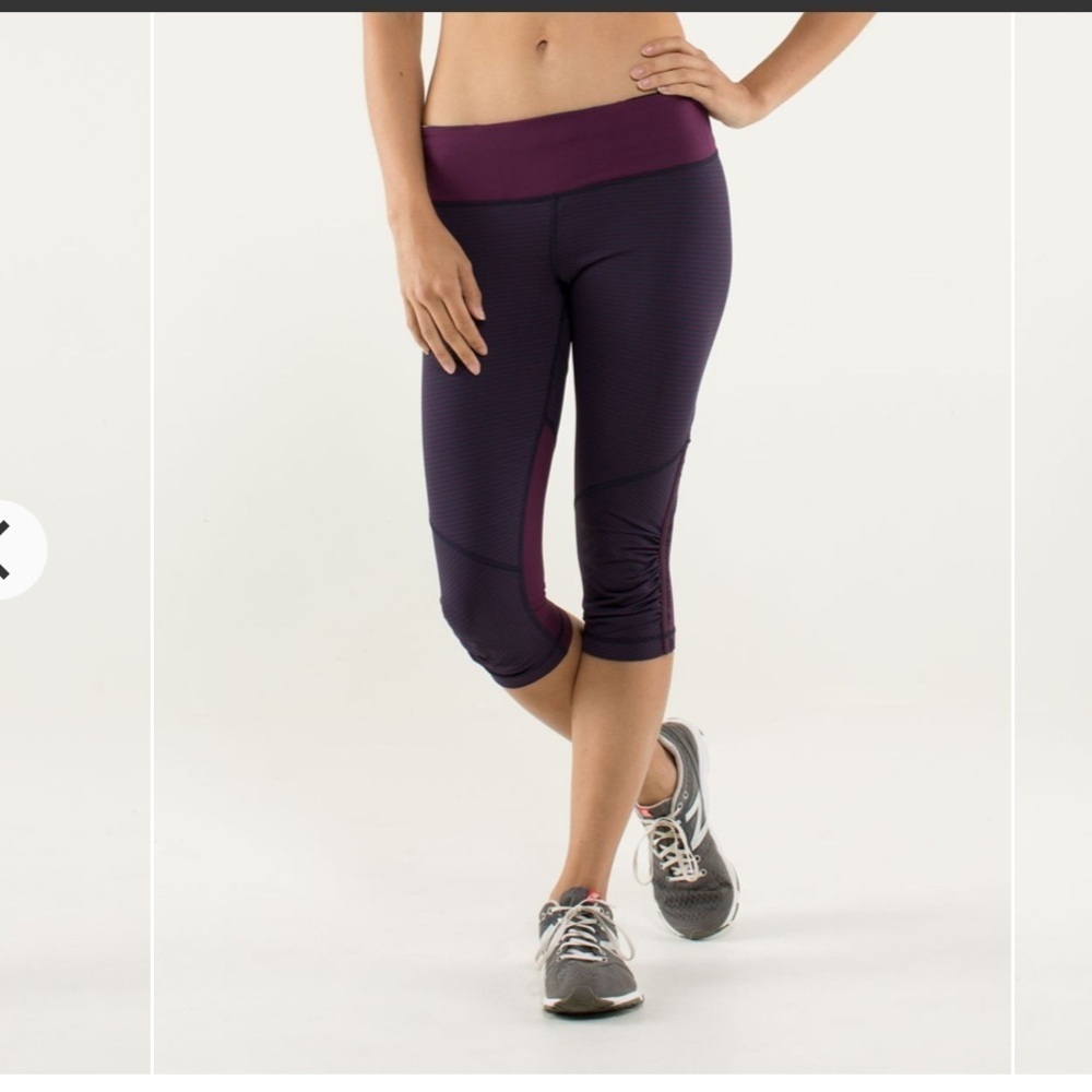 lululemon athletica Black Purple Leggings run for your life crop pockets frill